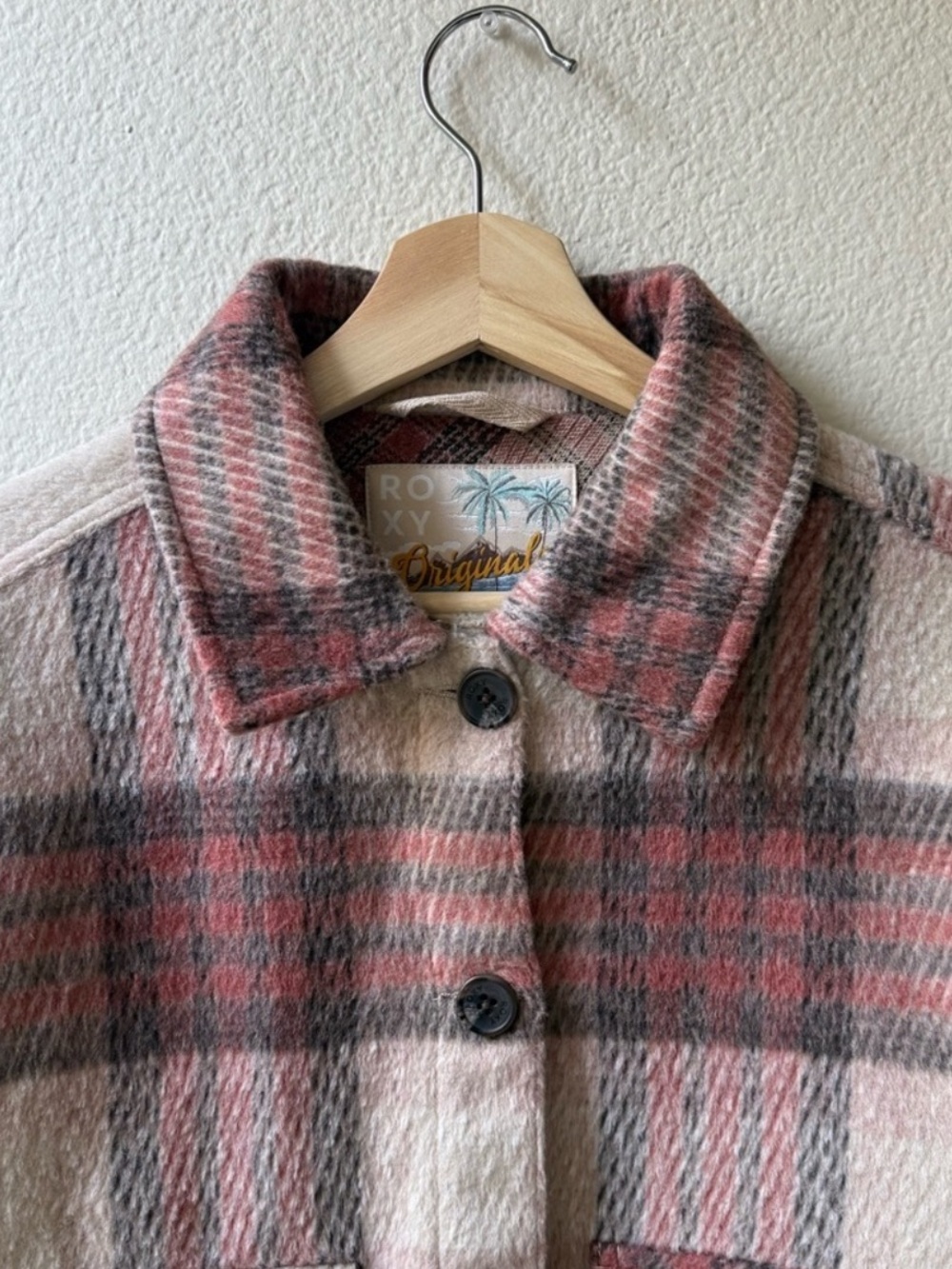 Roxy Wool Blend Red Cream Plaid Cropped Utility Jacket - Picture 6 of 13